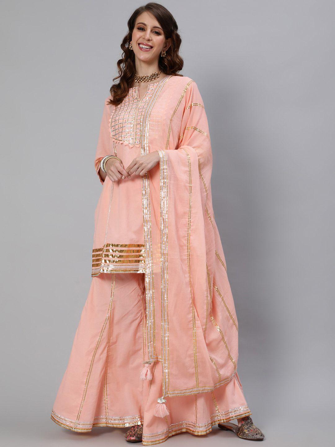 Ishin Women Peach-Coloured Embroidered Regular Gotta Patti Pure Cotton Kurti with Sharara & With Dupatta