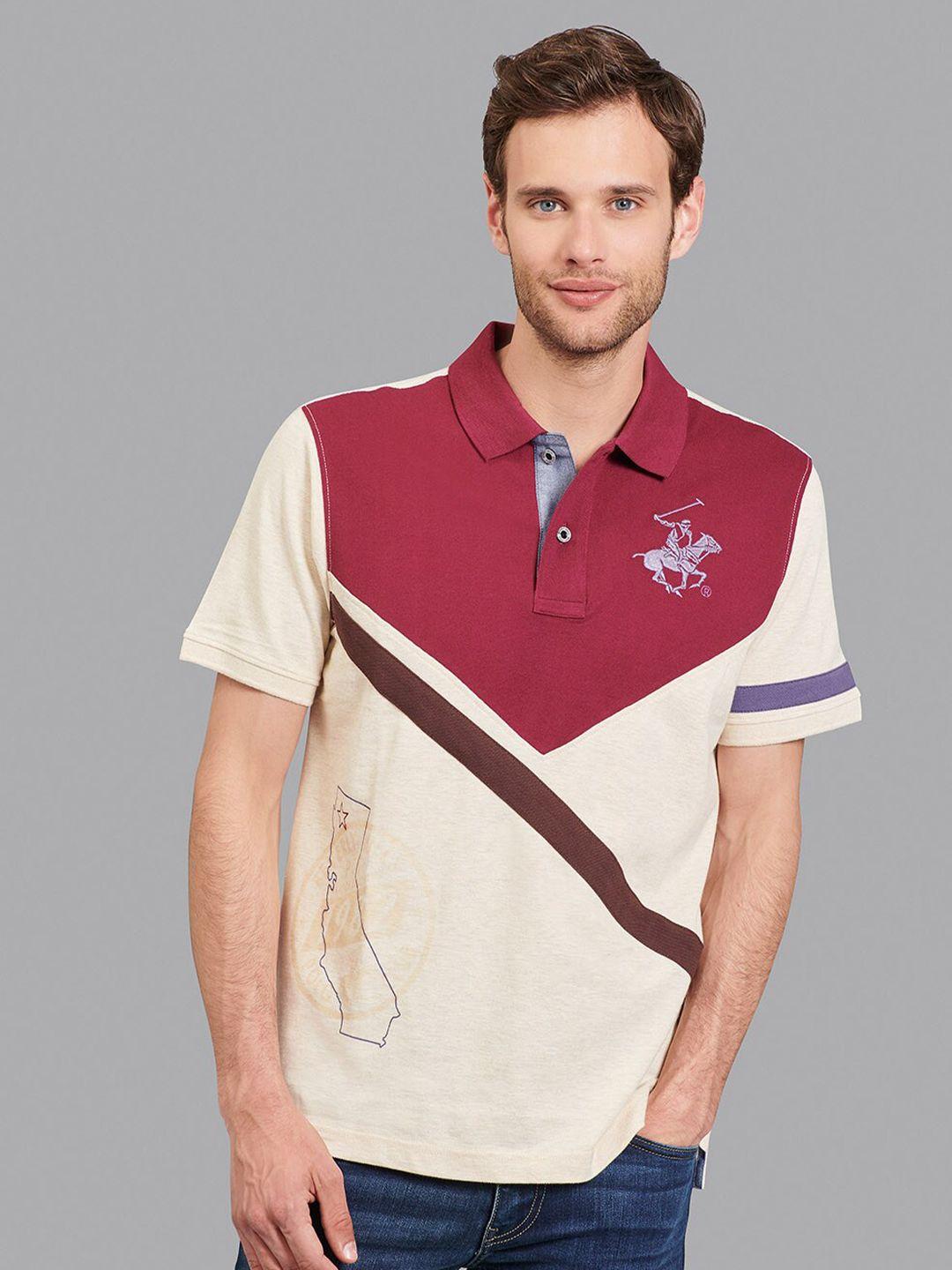 Beverly Hills Polo Club Men Beige & Maroon Colourblocked Polo Collar T-shirt