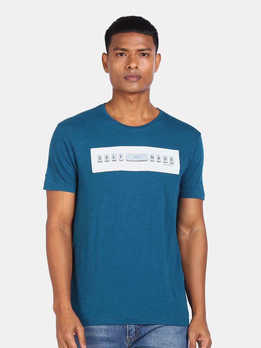 Flying Machine Men Teal Blue Typography Printed T-shirt