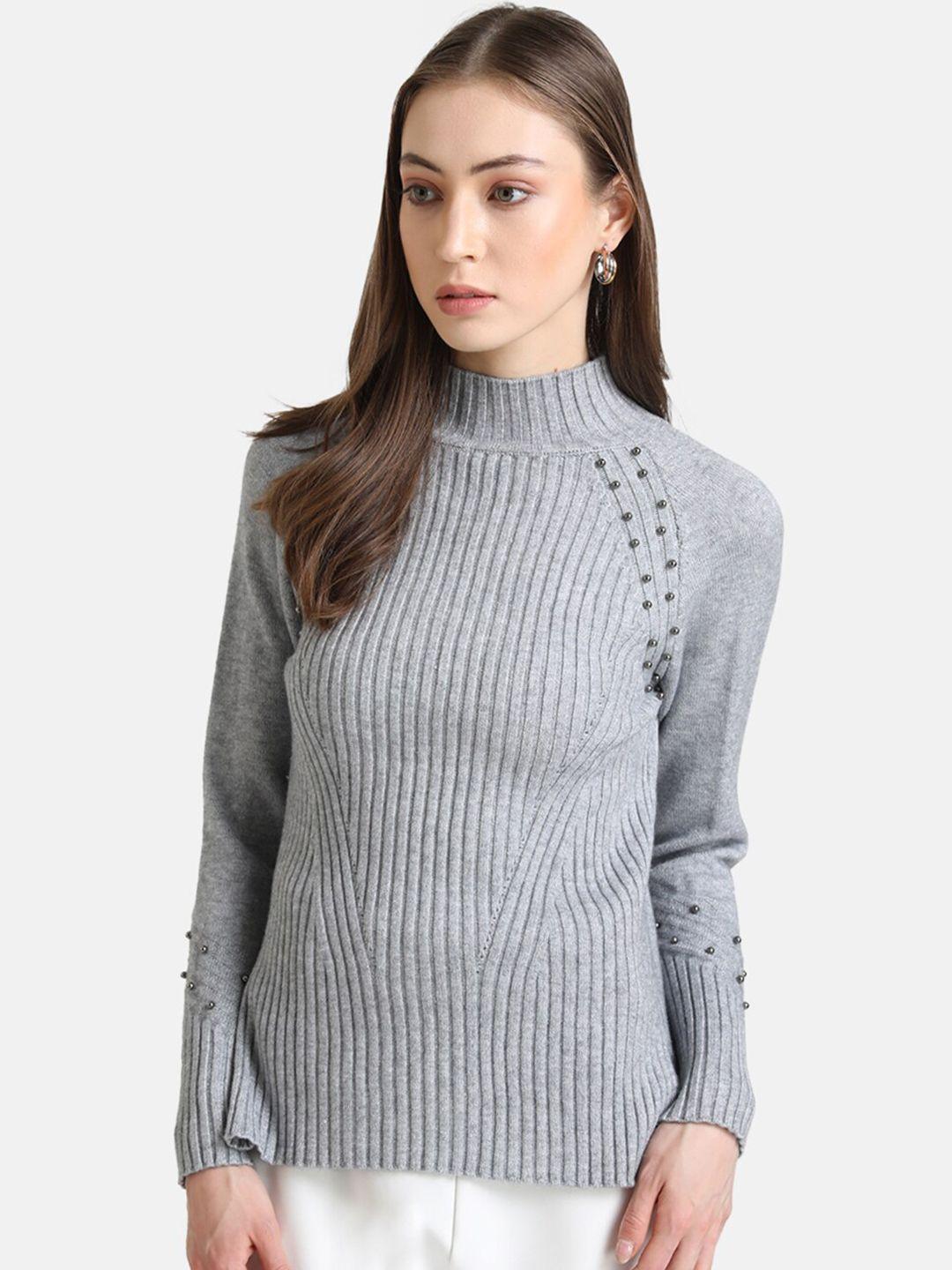 kazo-women-grey-ribbed-pullover-with-embellished-detail