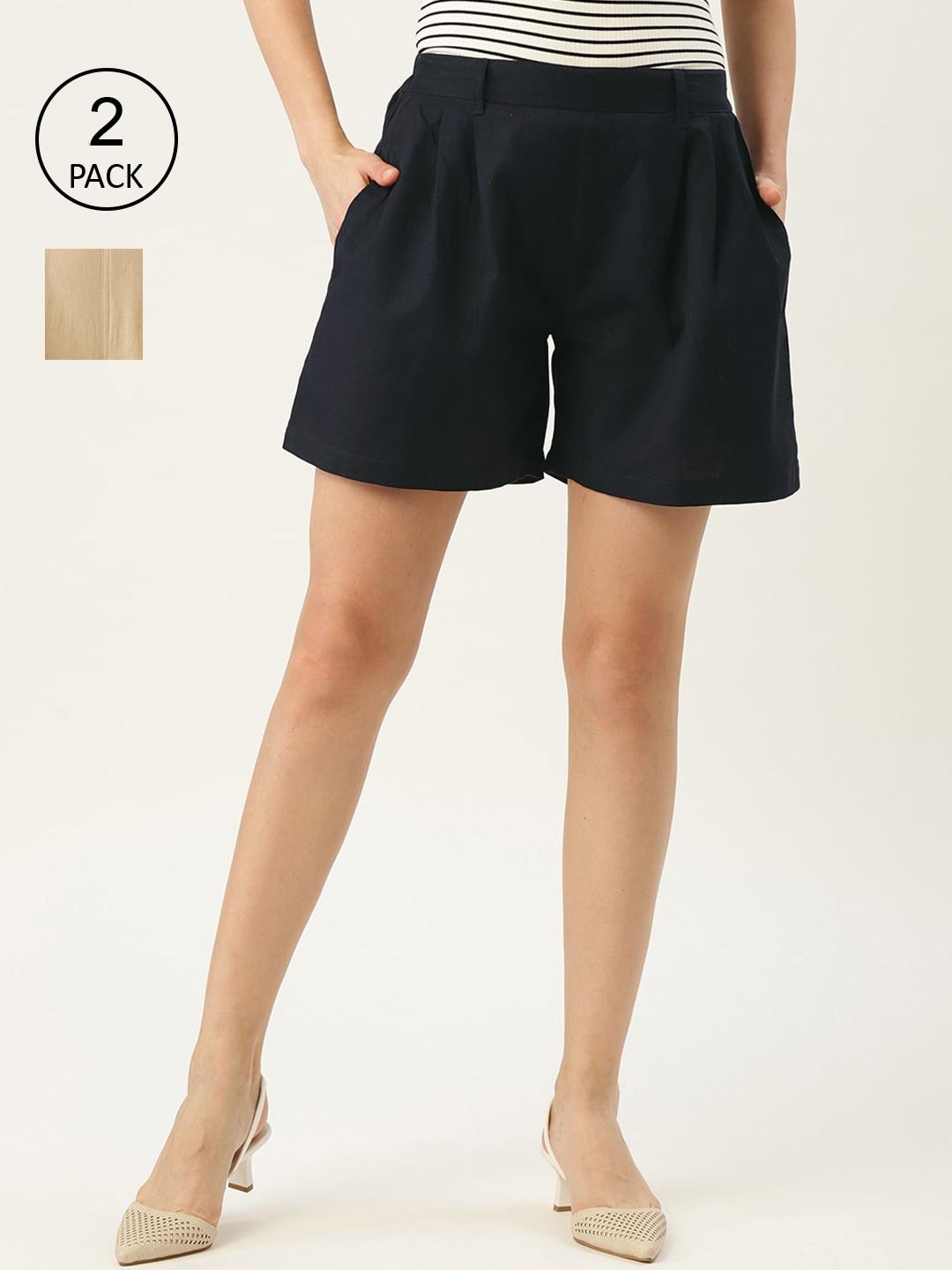 Molcha Women Pack of 2  Beige & Navy Blue Regular Cotton Shorts