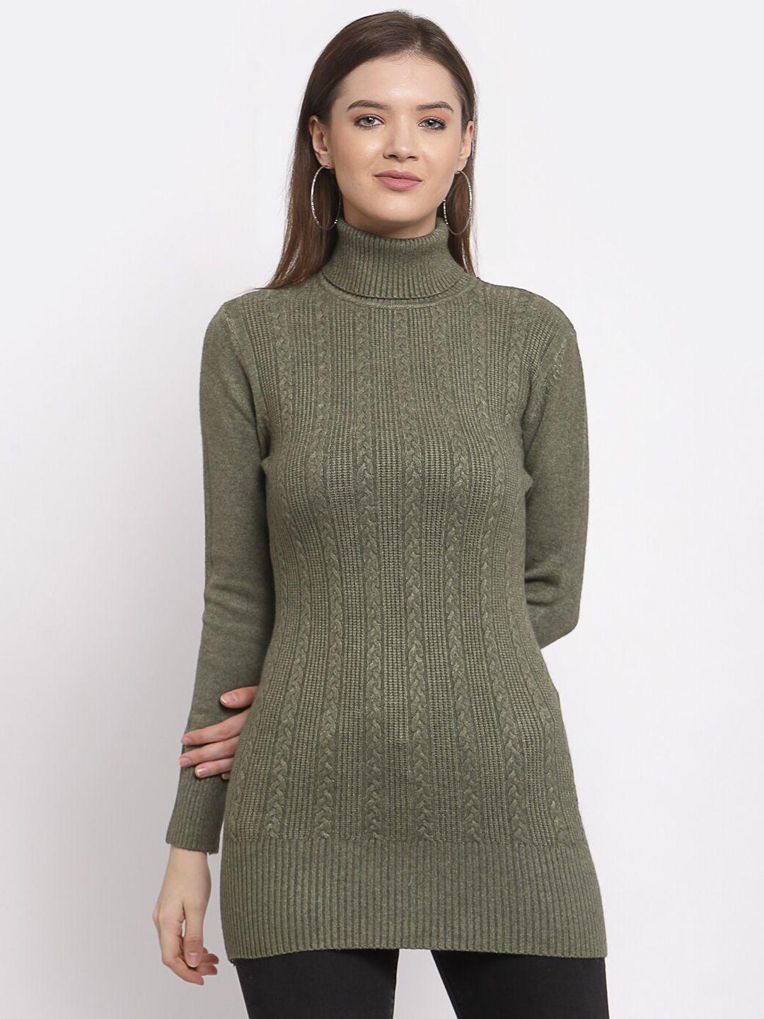 Mafadeny Women Green Turtle Neck Long Cable Knit Sweater