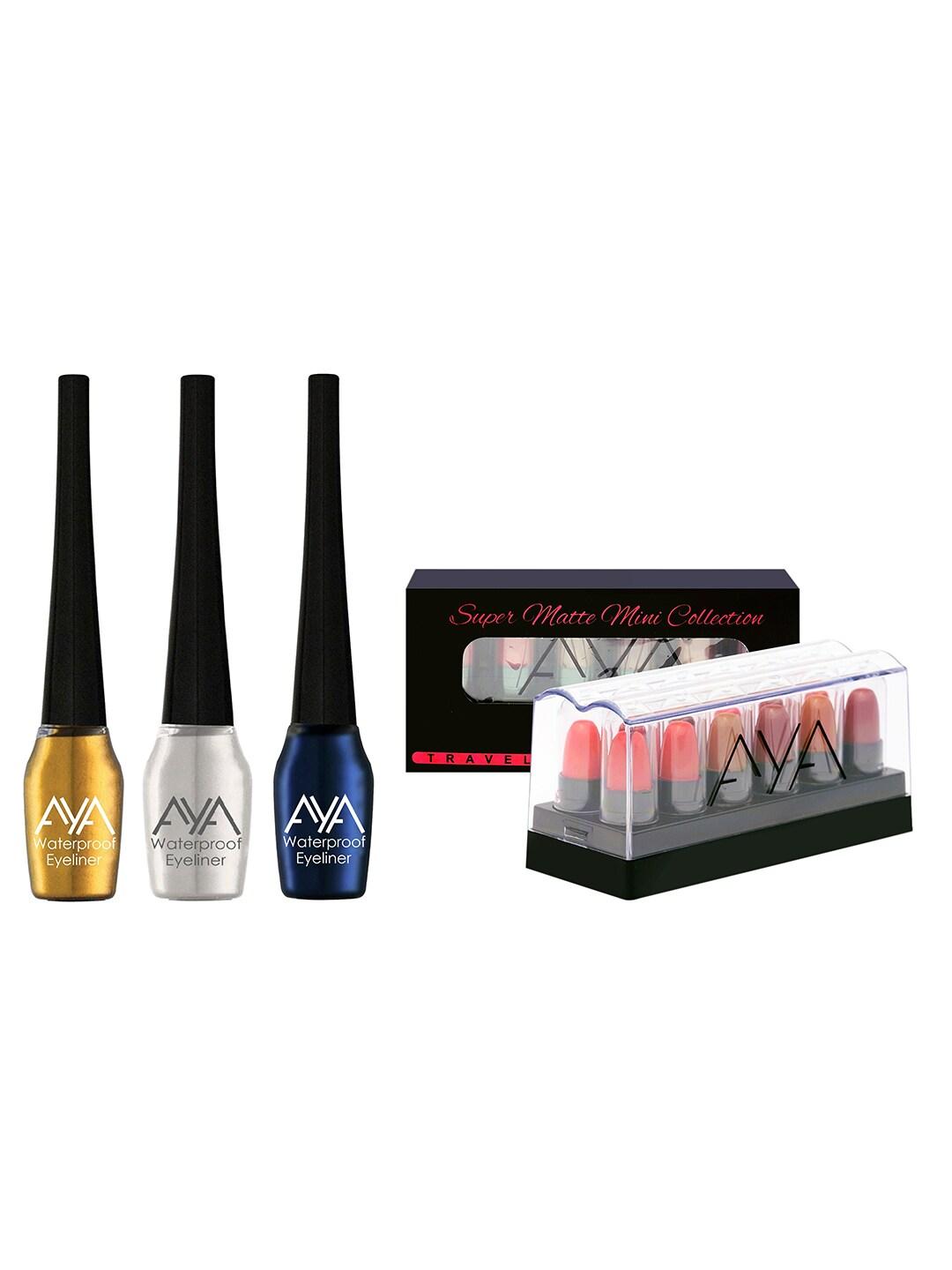 AYA Set of 3 Waterproof Liquid Eyeliner & Set of 12 Mini Super Matte Lipstick