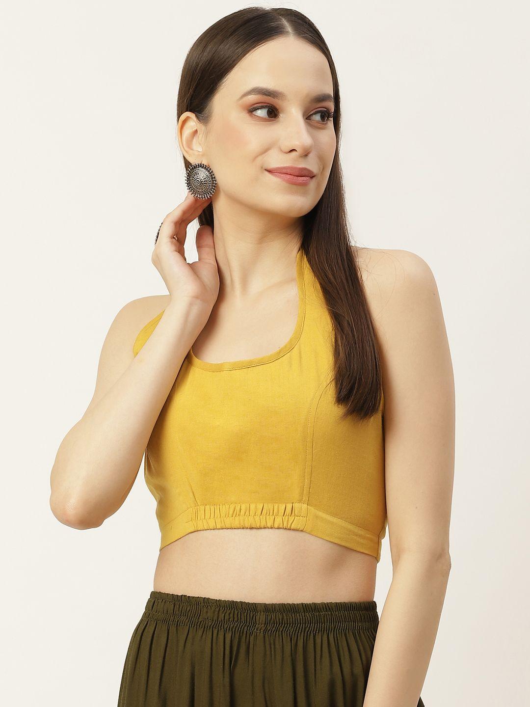 molcha-women-mustard-yellow-printed-non-padded-halter-neck-cotton-saree-blouse