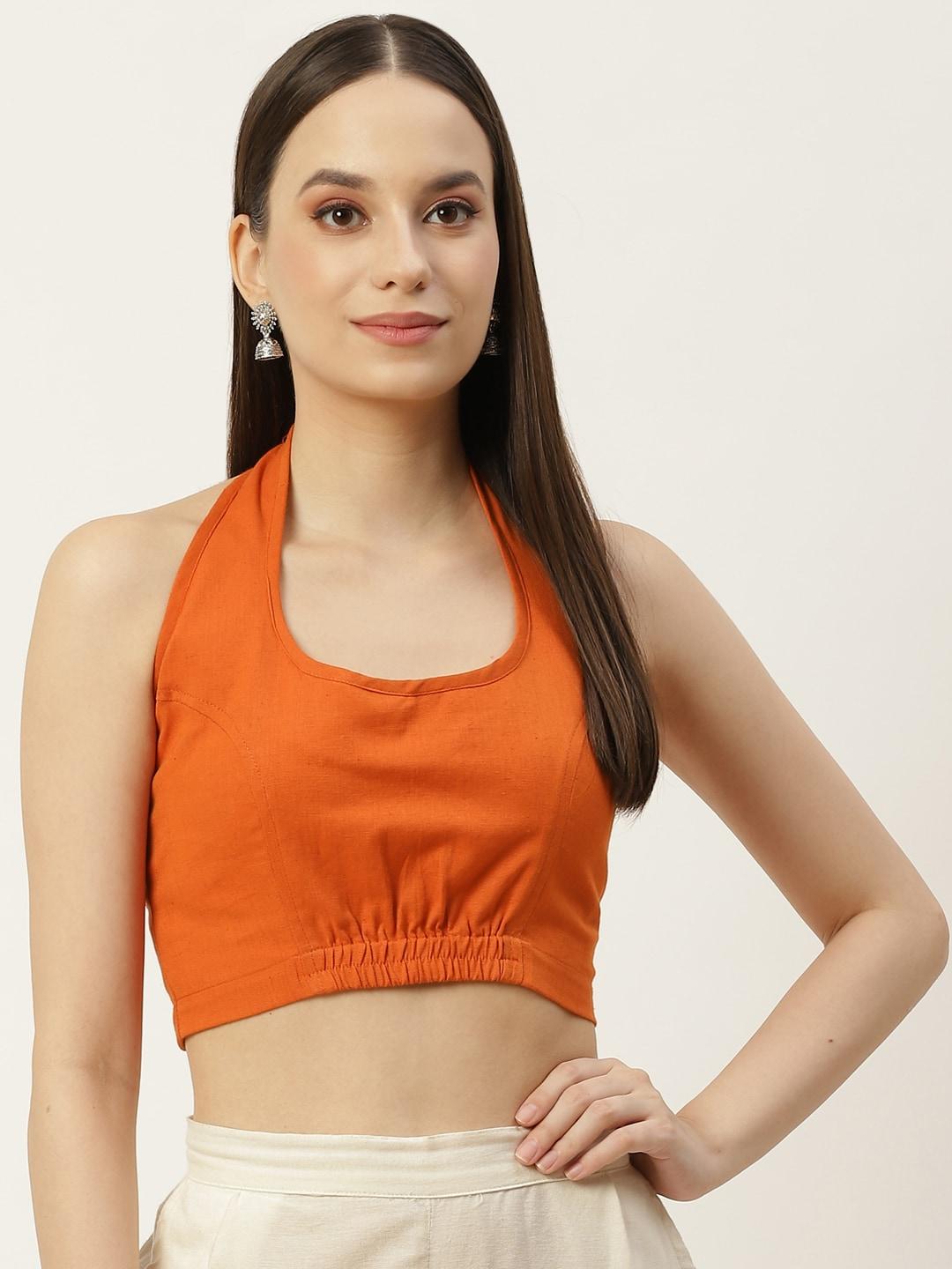 molcha-women-rustic-orange-non-padded-back-open-halter-neck-cotton-saree-blouse