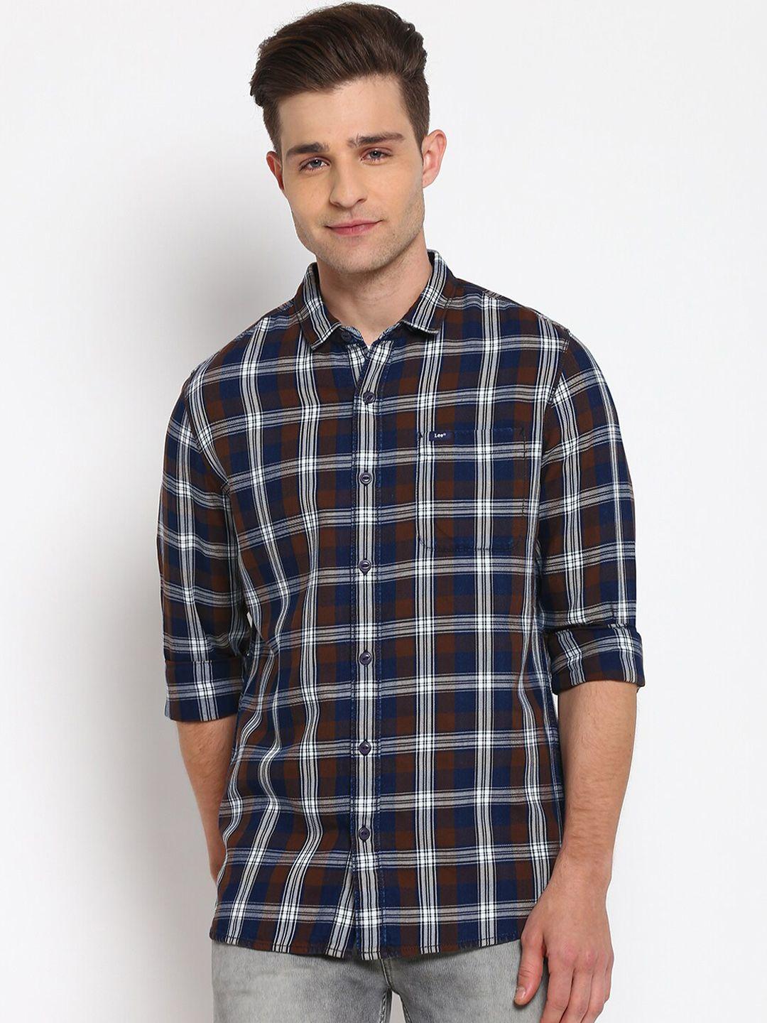 lee-men-blue-&-brown-slim-fit-tartan-checks-opaque-cotton-casual-shirt