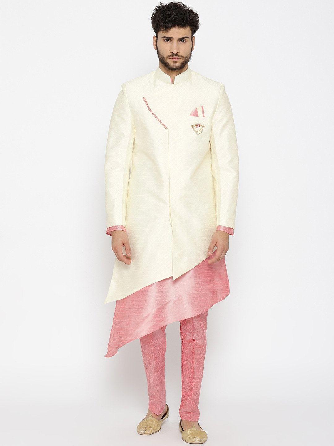 SG RAJASAHAB Men Cream-Coloured & Pink Sherwani Set