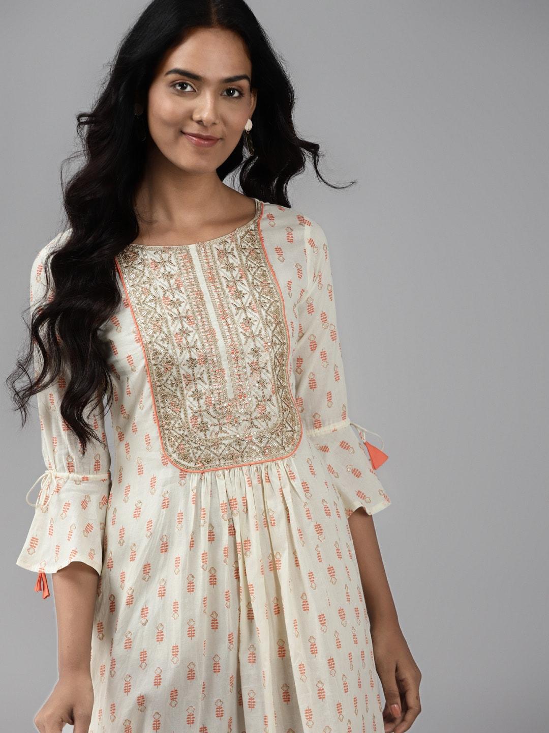 indo-era-off-white-&-cream-coloured-a-line-midi-dress