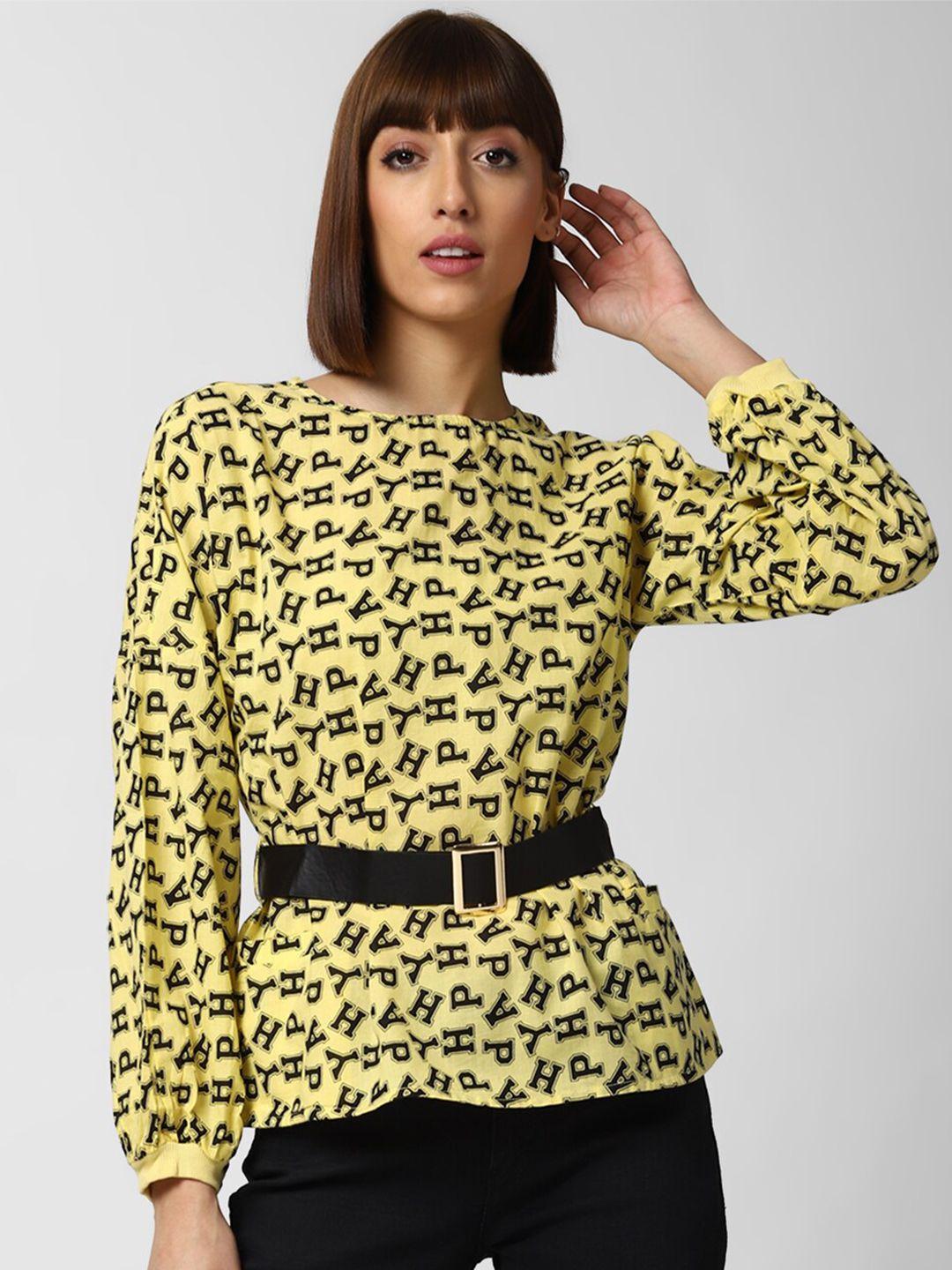forever-21-yellow-&-black-printed-pure-cotton-regular-top-with-waist-belt