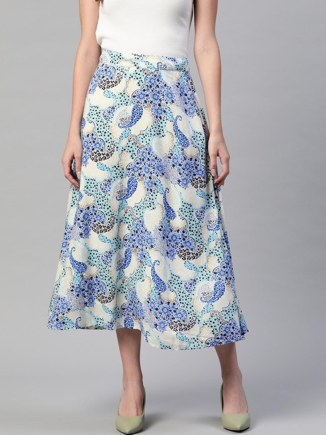 Marks & Spencer Women Blue & White Ethnic Print A-Line Midi Skirt