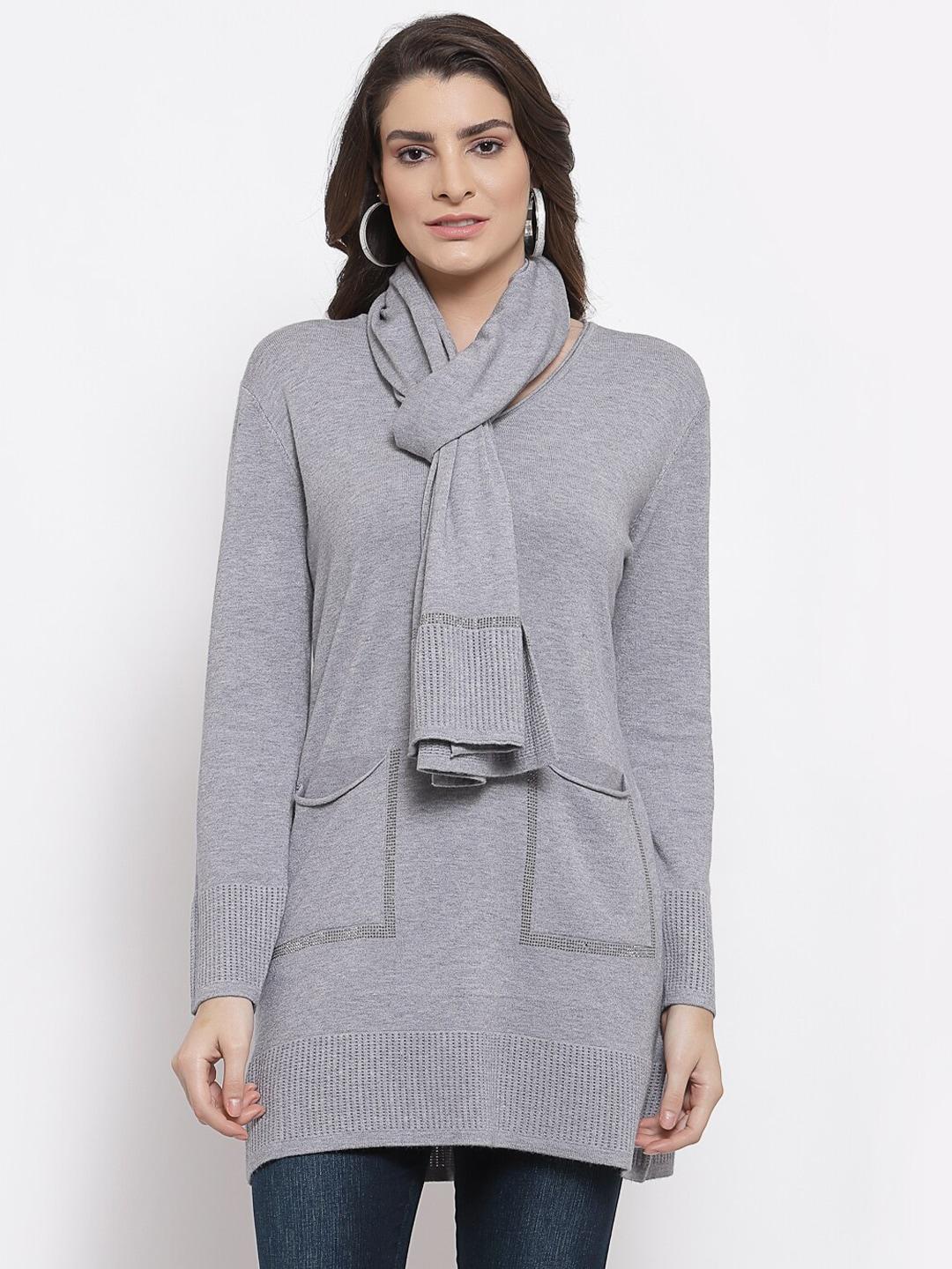 Mafadeny Women Grey Longline Pullover