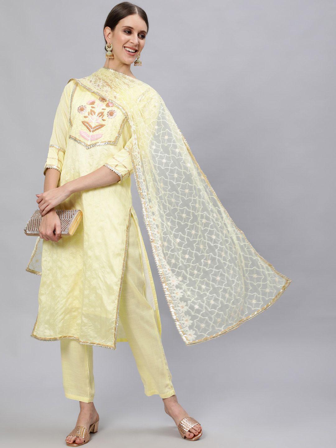 Ishin Women Yellow Embroidered Regular Beads and Stones Kurta with Trousers & With Dupatta