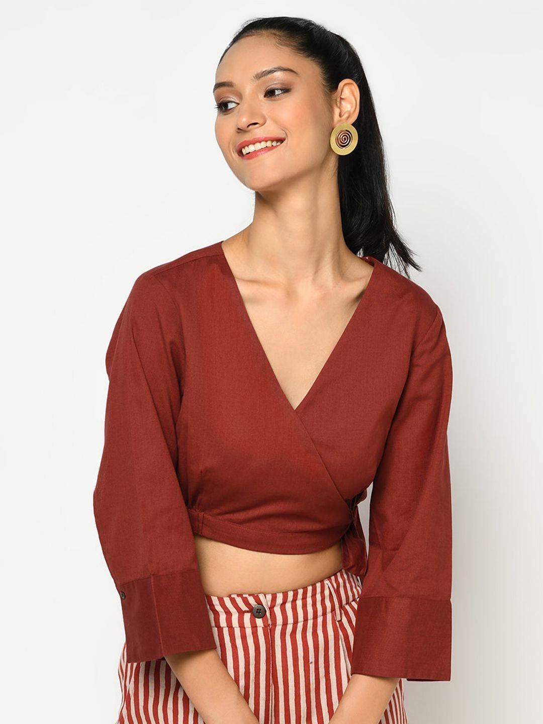 fabindia-red-solid-pure-cotton-wrap-crop-top