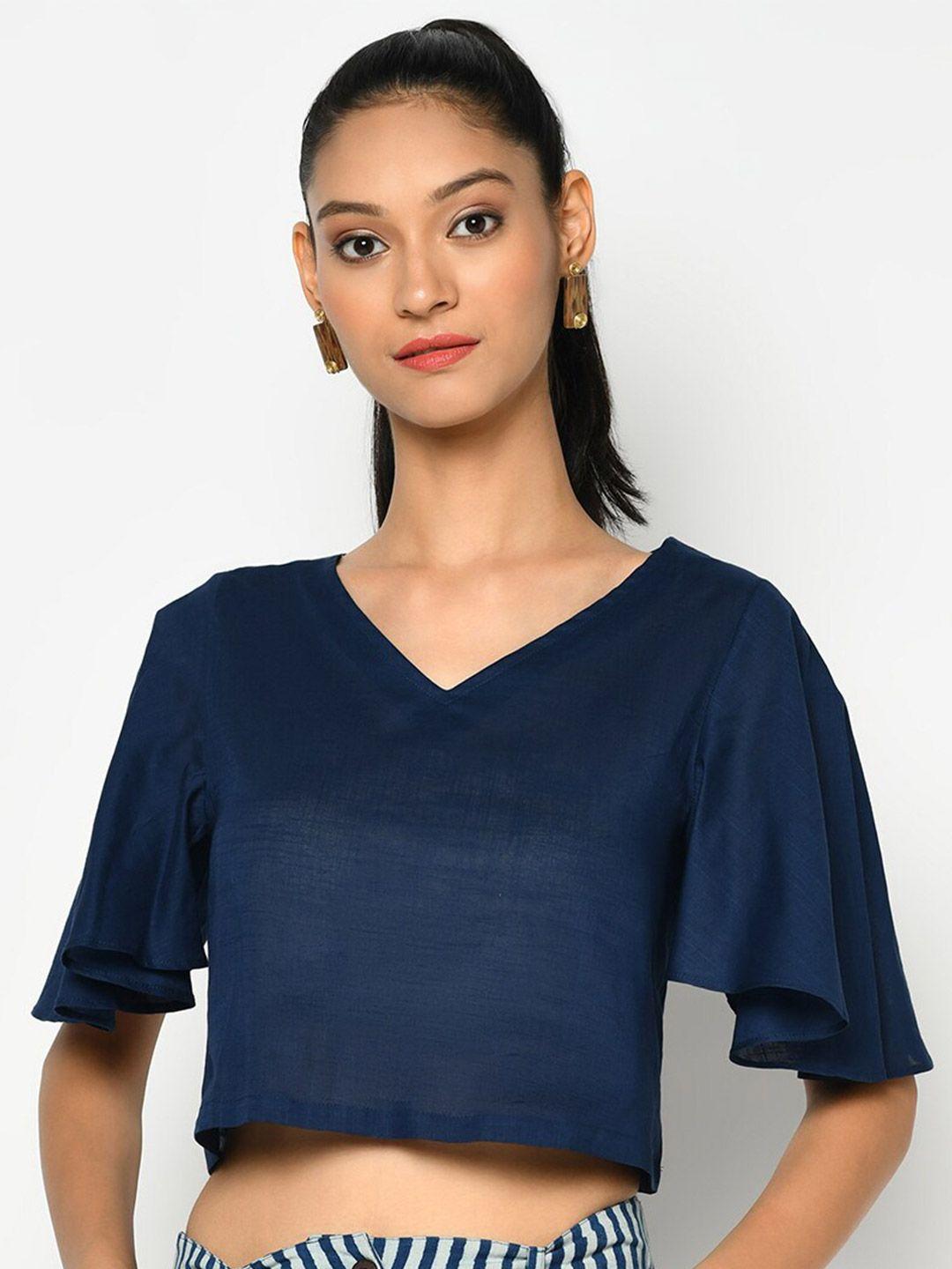Fabindia Blue Solid Pure Cotton Crop Top