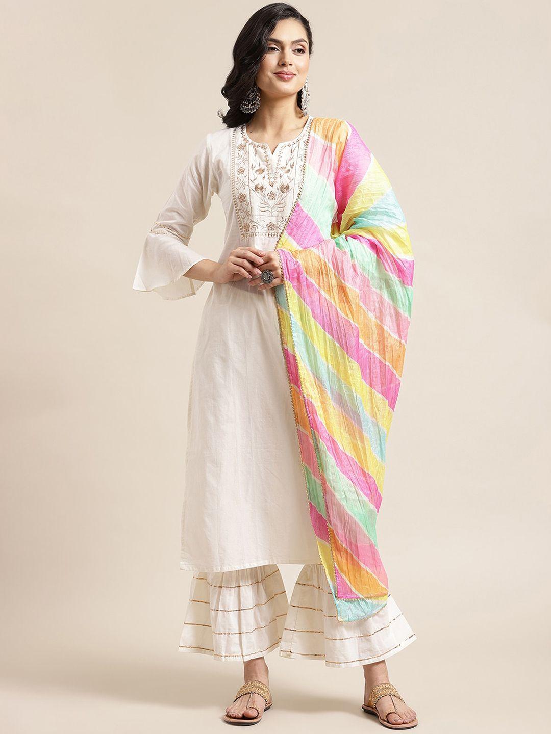 KSUT Women Off White Ethnic Motifs Yoke Design Layered Thread Work Pure Cotton Kurti with Sharara & With