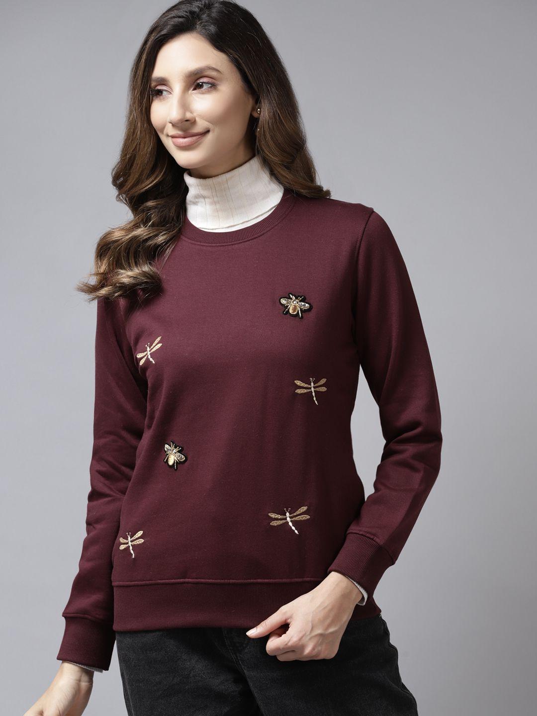 cayman-women-maroon-solid-applique-sweatshirt