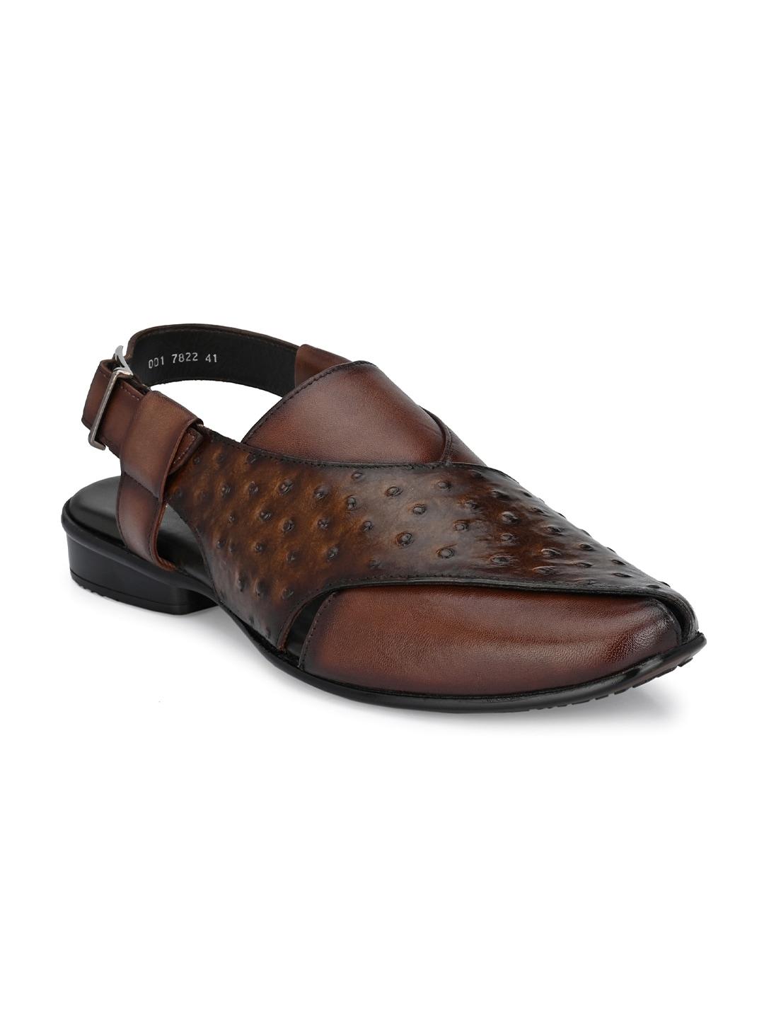Hitz Men Brown & Black Leather Shoe-Style Sandals