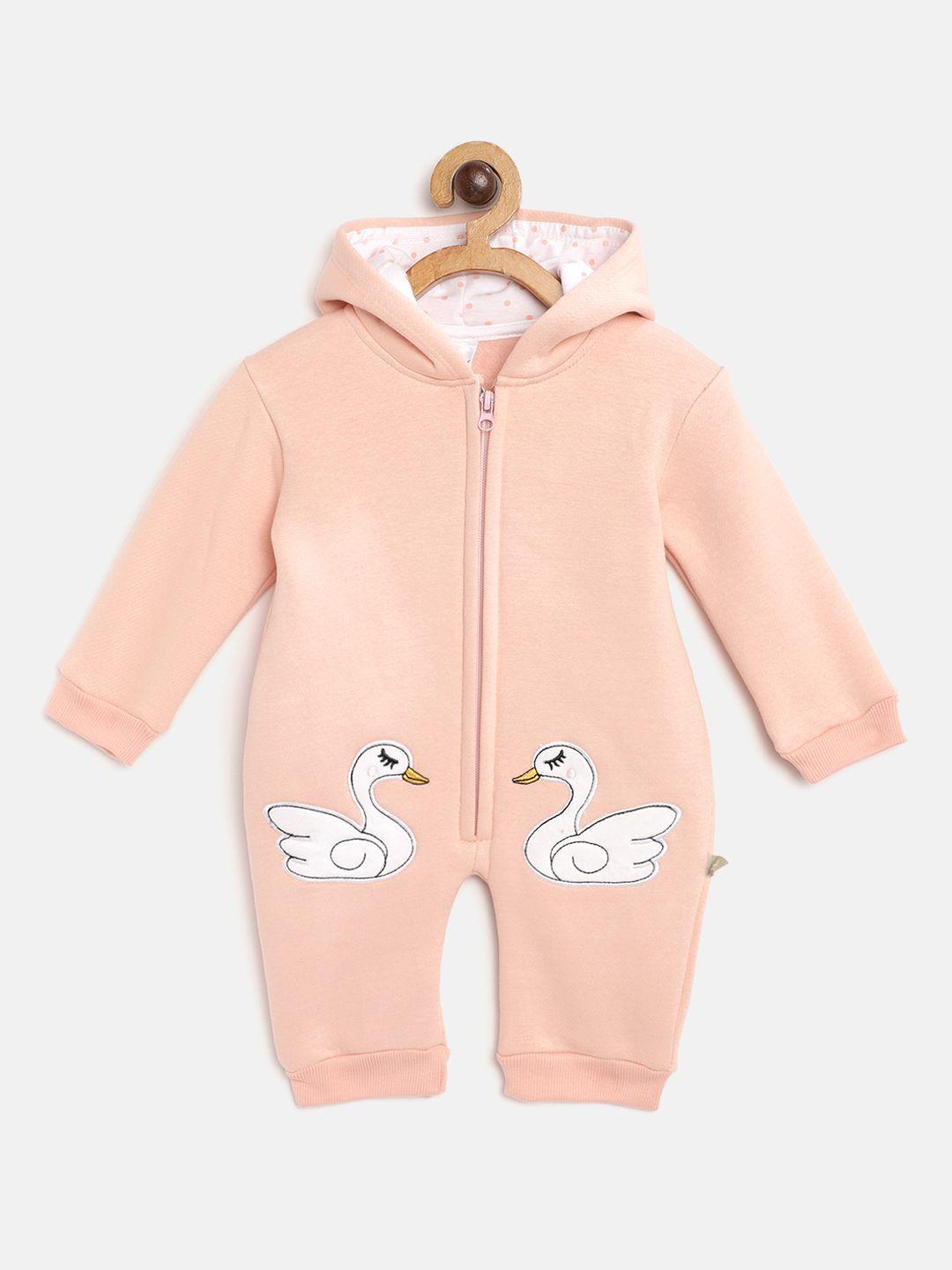 Moms Love Infant Girls Peach-Coloured Solid Cotton Hooded Rompers