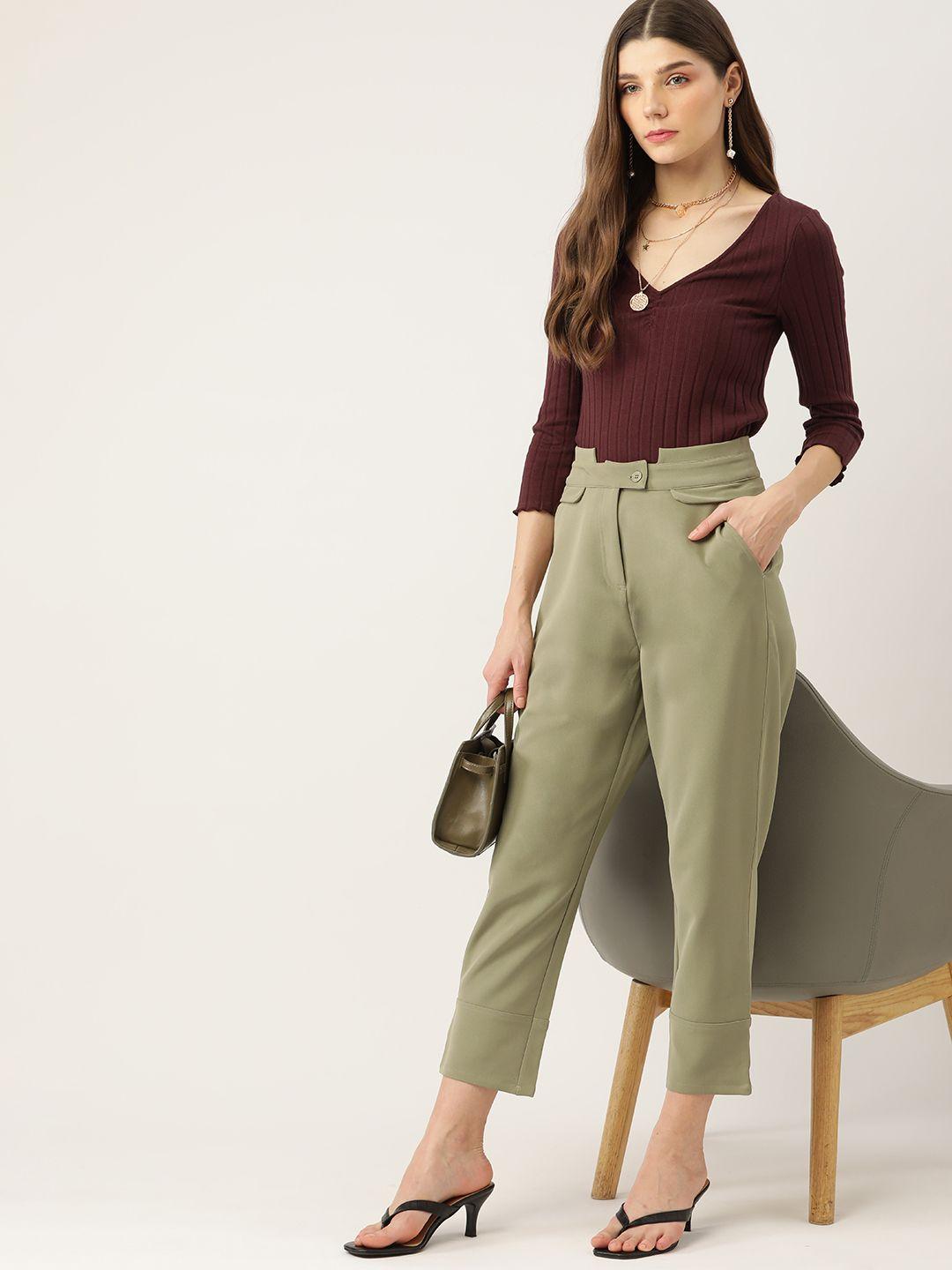 DressBerry Women Olive Green Pleated Trousers