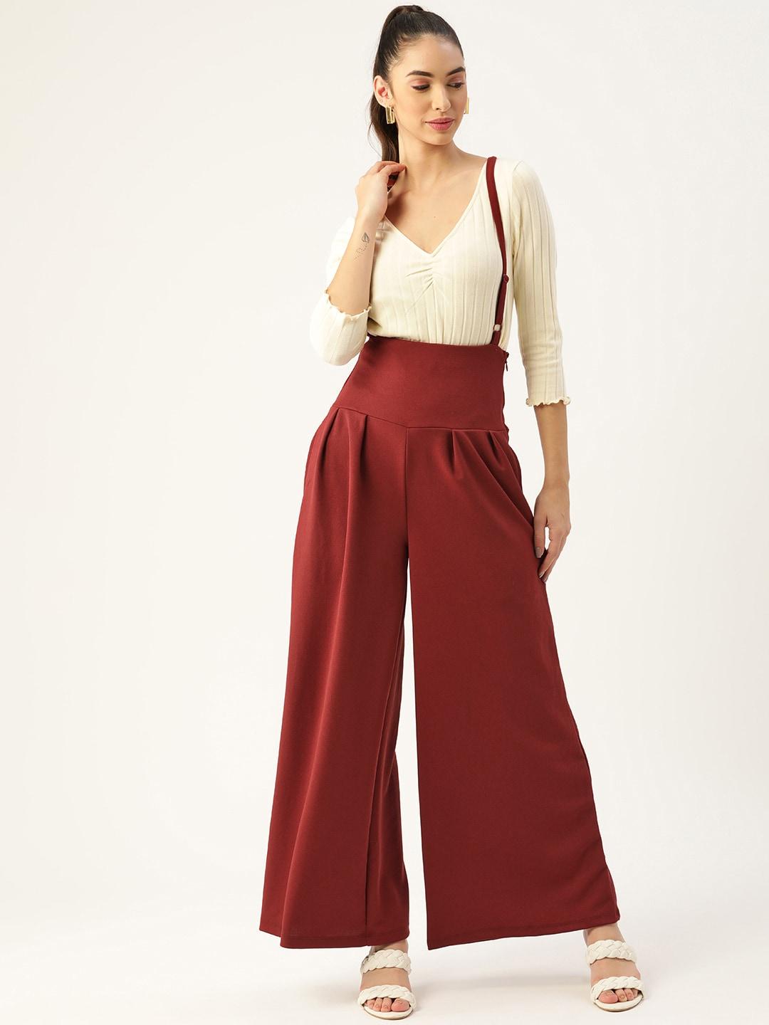 DressBerry Women Maroon High-Rise Pleated Parallel Trousers with Suspenders