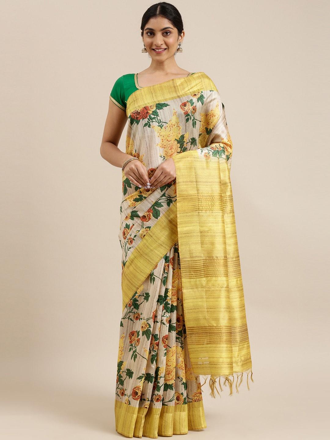 the-chennai-silks-beige-&-yellow-floral-fusion-saree