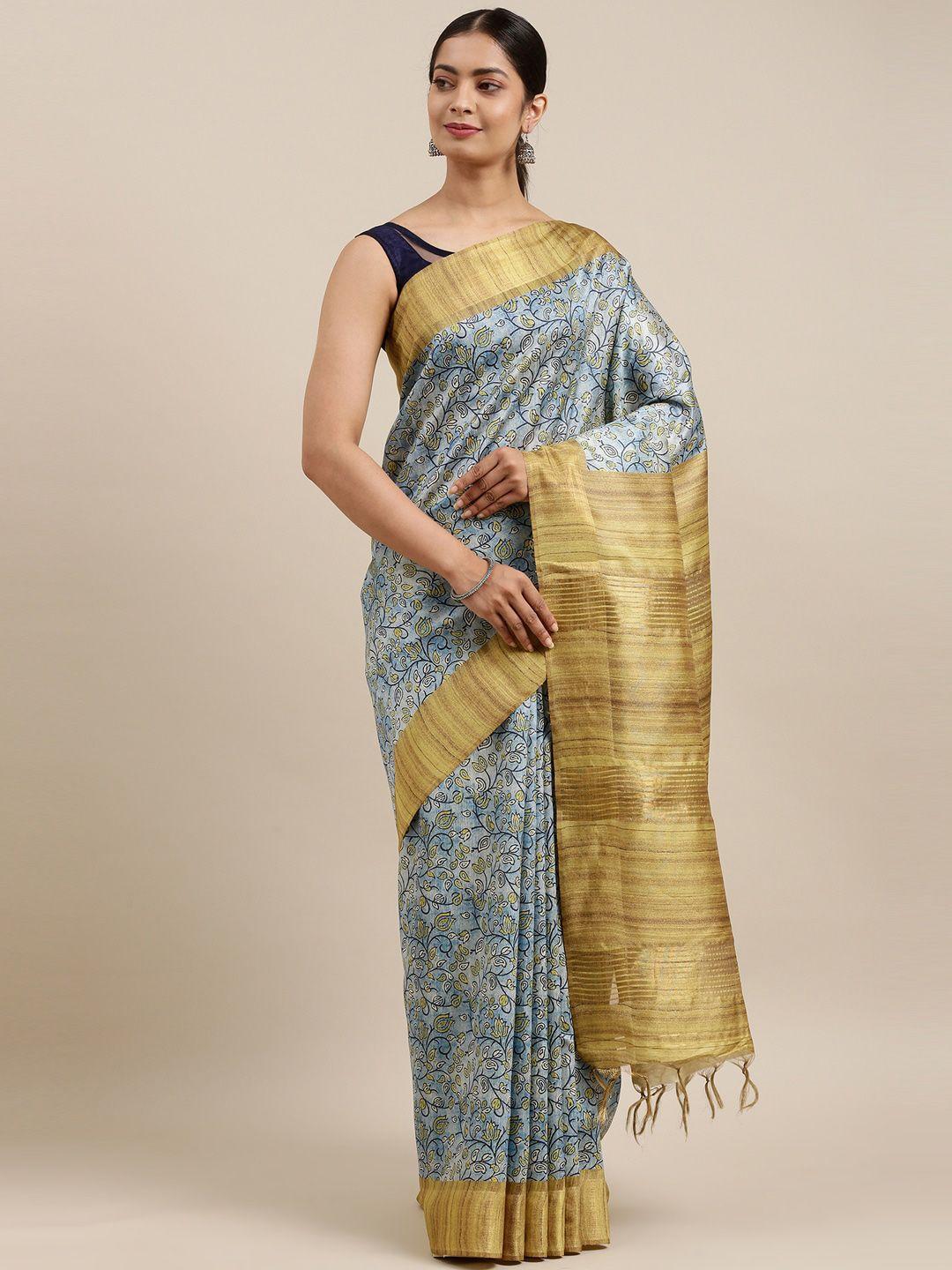 the-chennai-silks-blue-&-gold-toned-floral-printed-saree