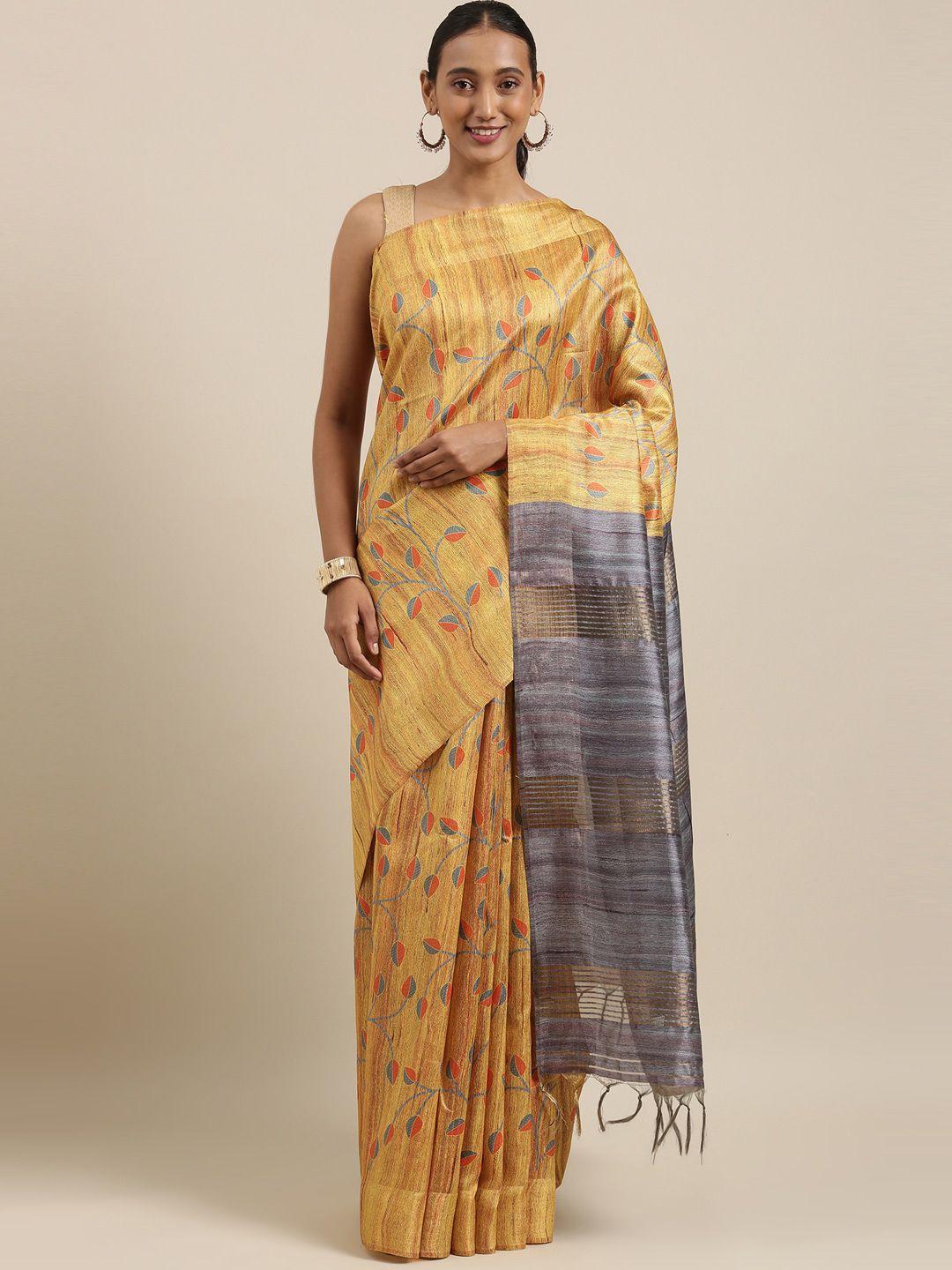 the-chennai-silks-yellow-&-grey-floral-printed-jute-cotton-saree