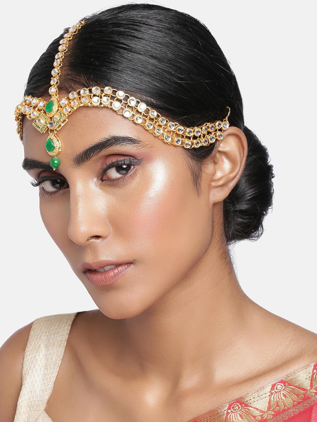 I Jewels Women Gold-Plated & Green Kundan Studded Bridal Matha Patti