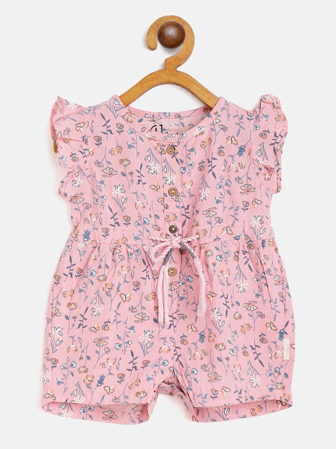 Gini and Jony Infant Girls Pink & Blue Floral Print Rompers with Waist Tie-Ups