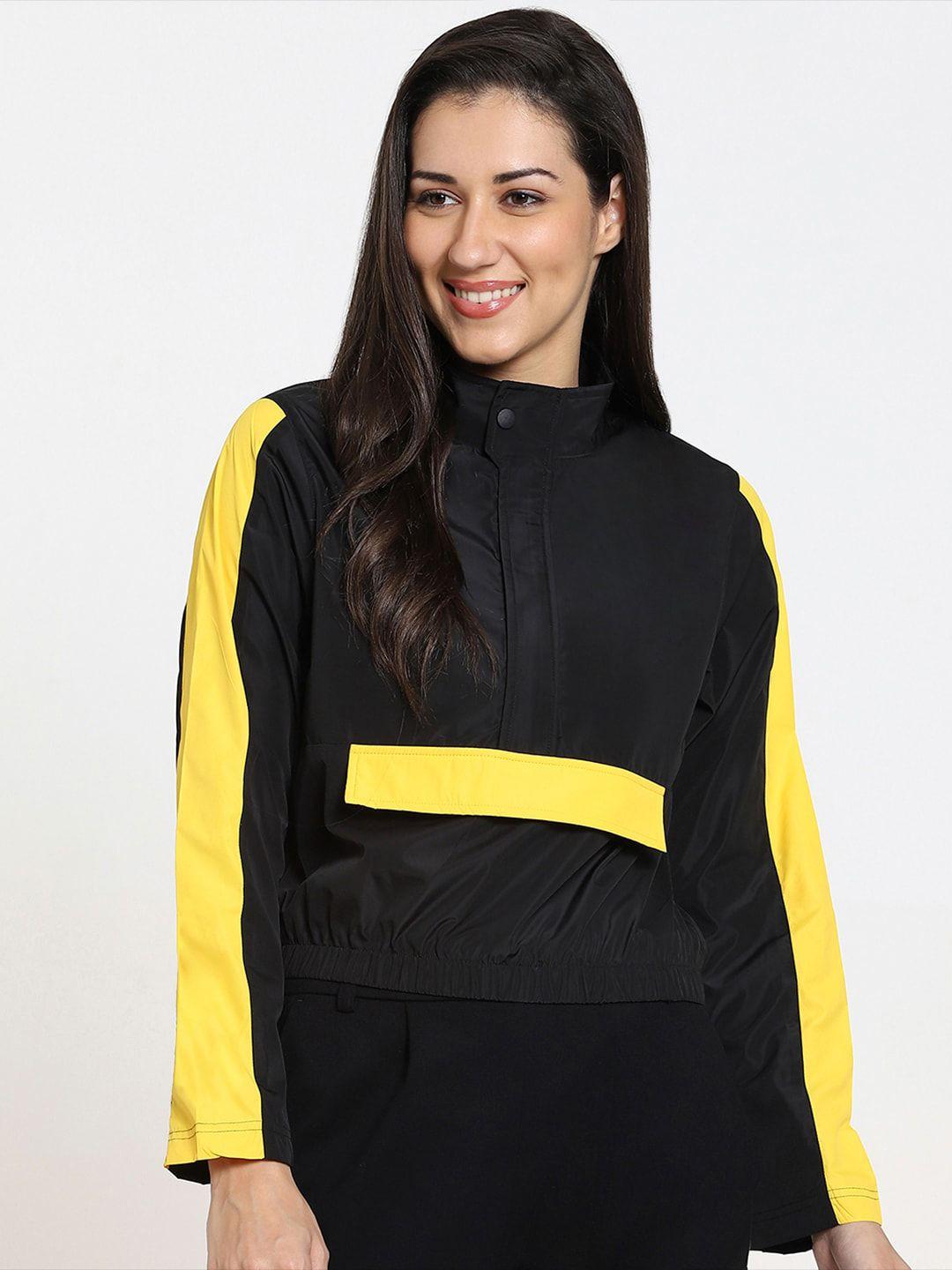 Bewakoof Women Black & Yellow Colourblocked Windcheater Crop Tailored Jacket