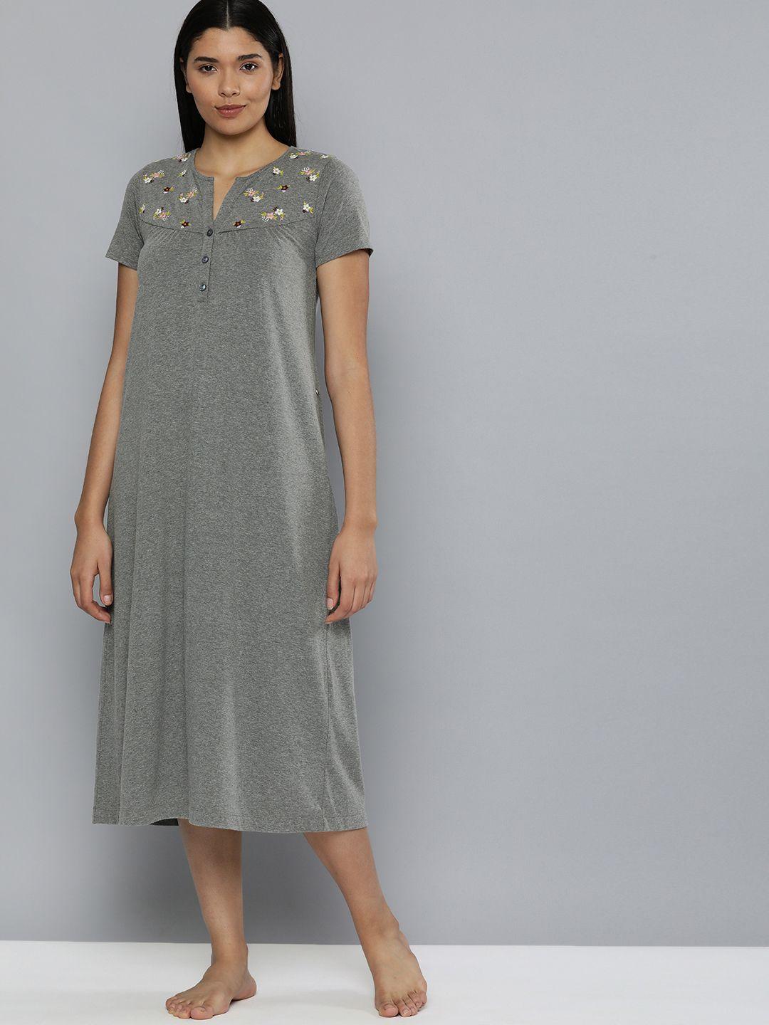 chemistry-grey-melange-cotton-embroidered-nightdress
