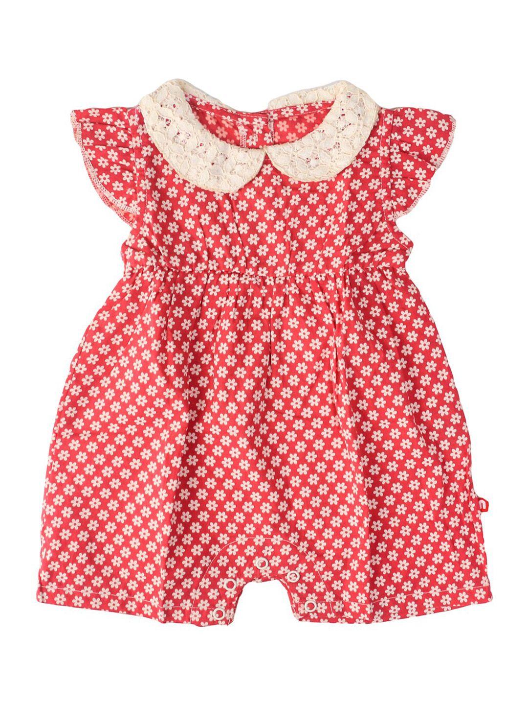 Nino Bambino Infant Girls Red & Off-White Printed Pure Organic Cotton Rompers