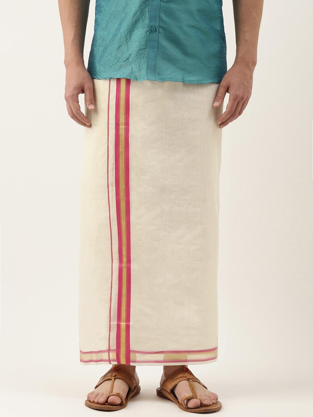 THANGAMAGAN Men Off-White Solid Pure Cotton Dhoti with Fancy Border