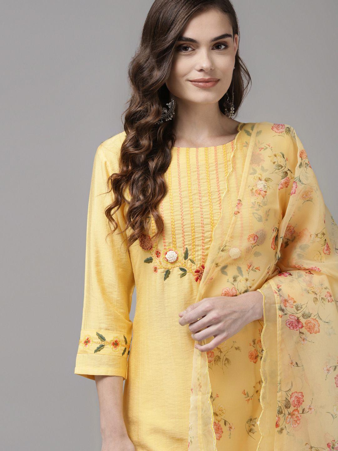indo-era-women-yellow-floral-yoke-design-regular-kurta-with-trousers-&-with-dupatta