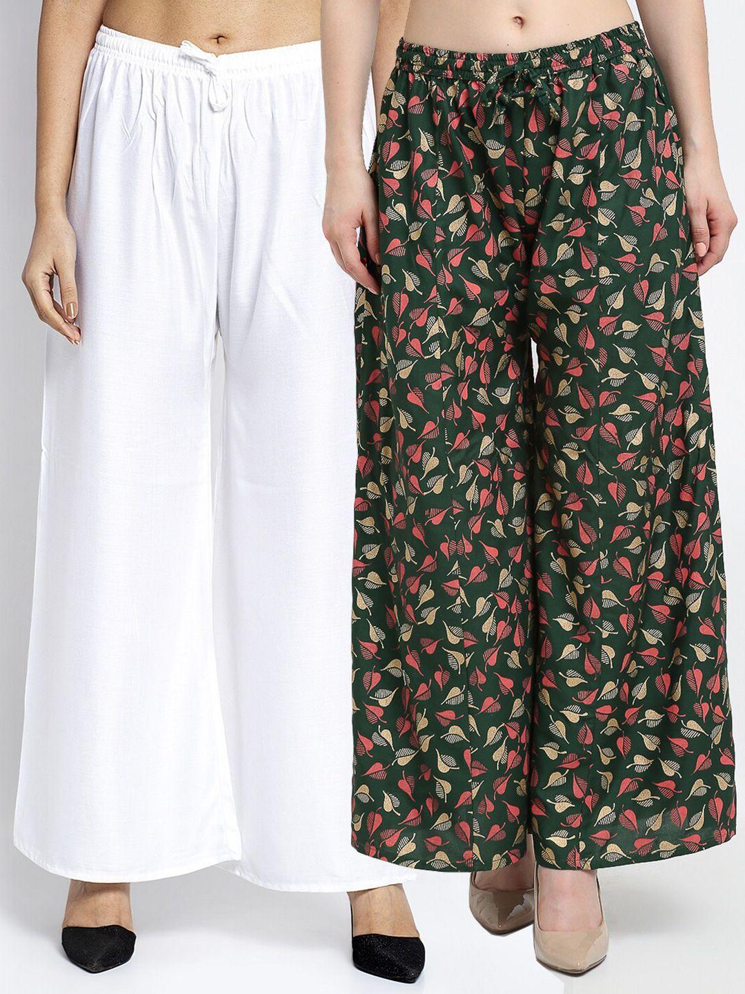 GRACIT Women White & Green Pack of 2 Printed Flared Knitted Ethnic Palazzos