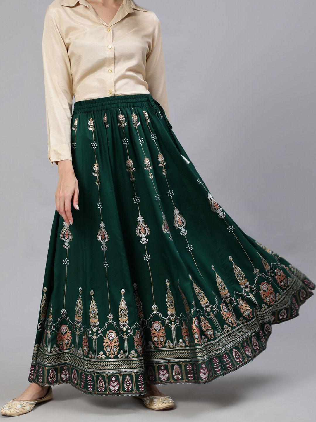 jaipur-kurti-women-green-&-peach-colored-printed-flared-maxi-skirt