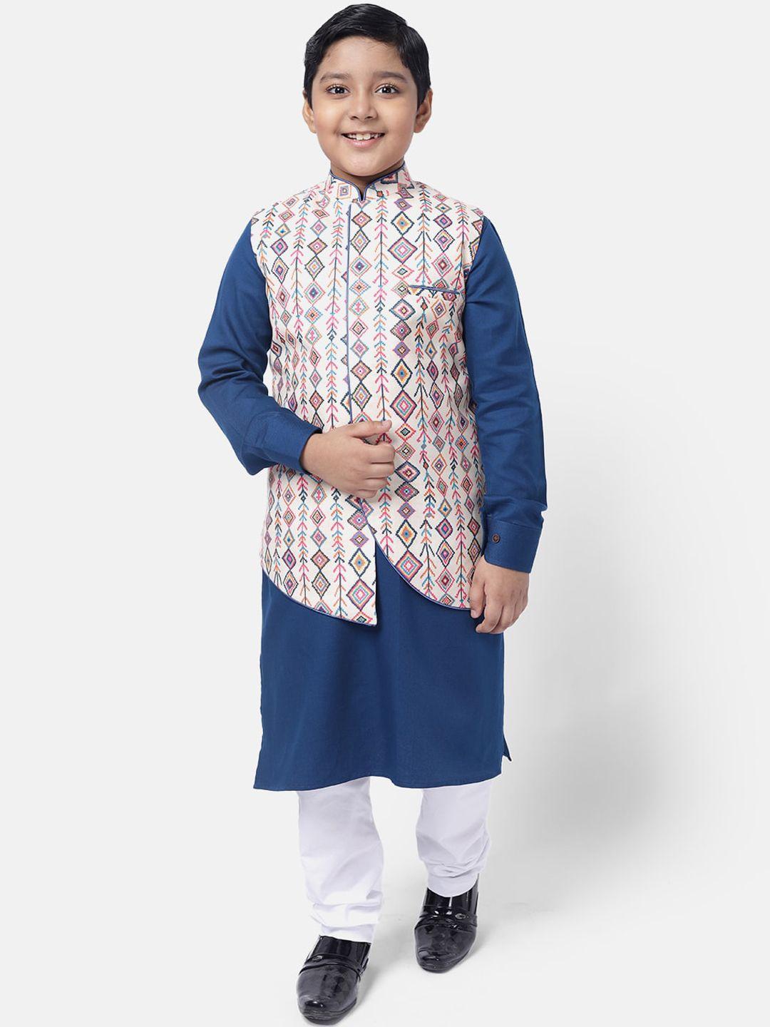 namaskar-boys-navy-blue-&-white-regular-pure-cotton-kurta-with-churidar-&-jacket