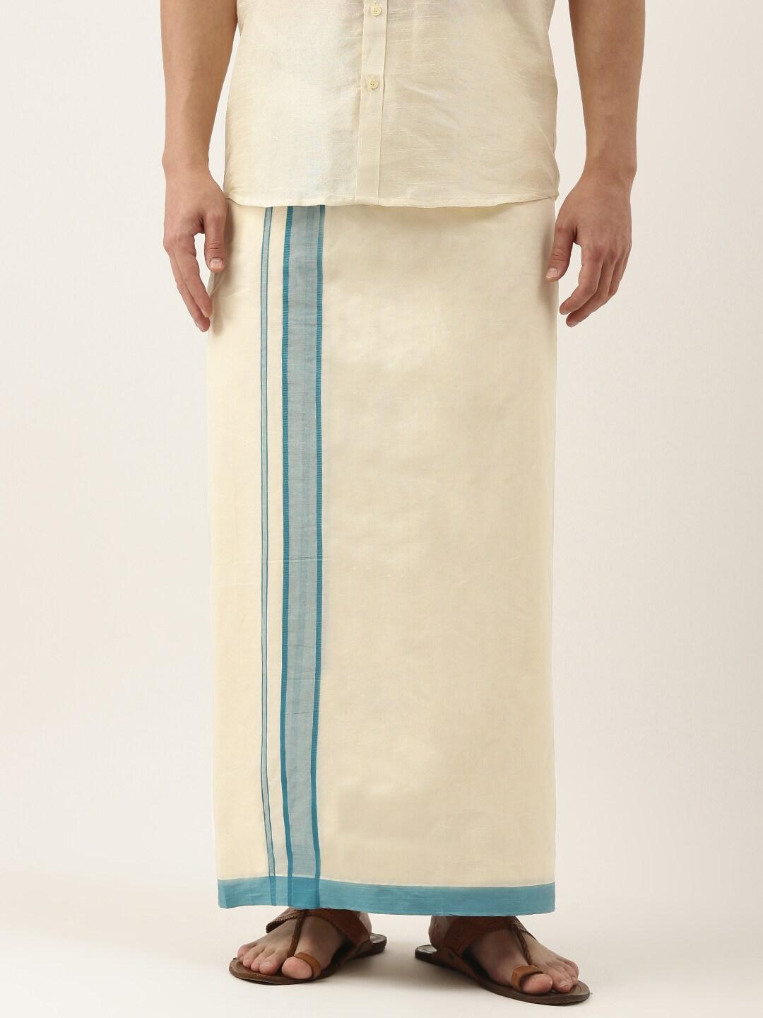 Thangamagan Off-White & Blue Solid Cotton Fancy Border Dhoti With Stripe Detail
