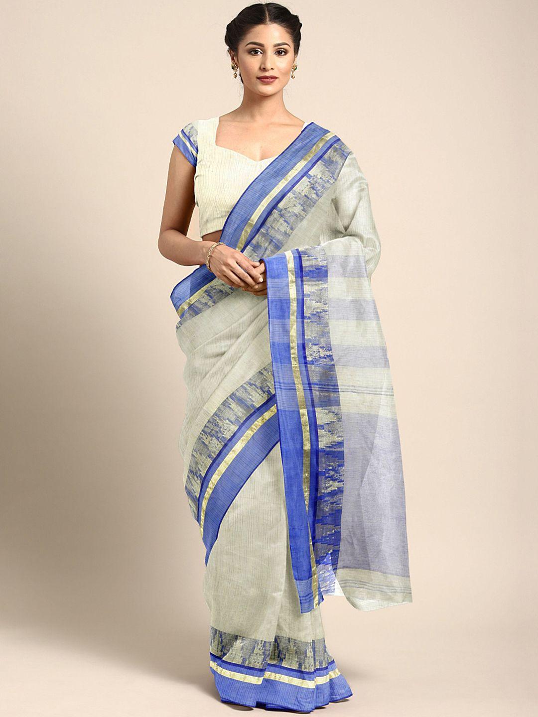 Kalakari India Purple & Off White Woven Design Silk Cotton Taant Saree