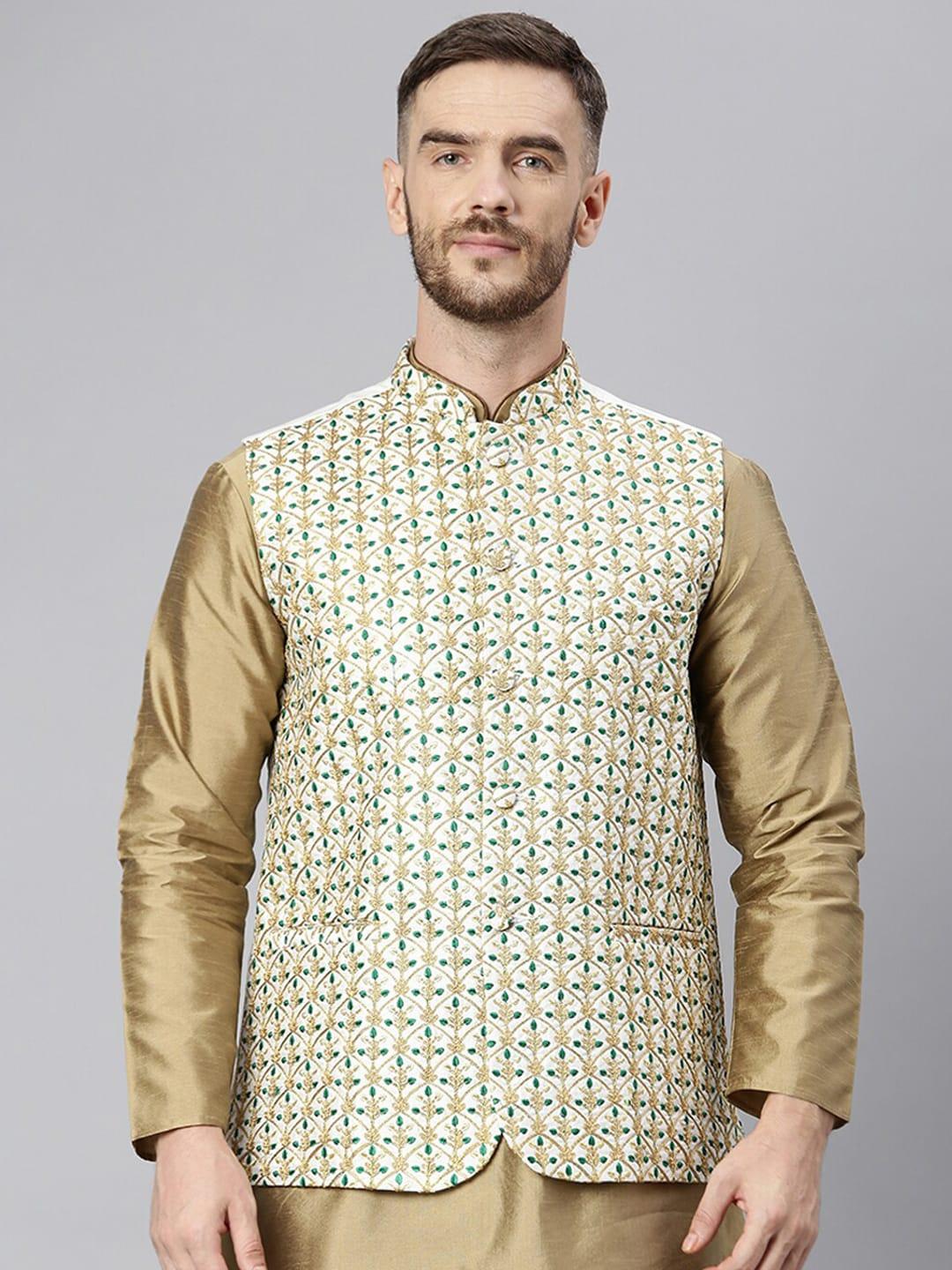Hangup Men White & Gold-Coloured Embroidered Woven Nehru Jacket