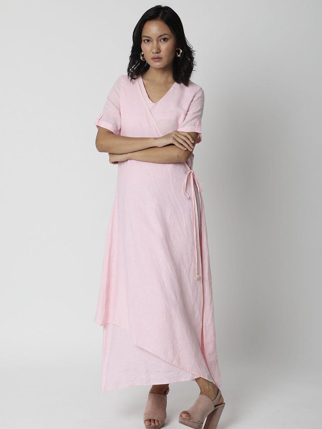 rareism-pink-linen-midi-dress