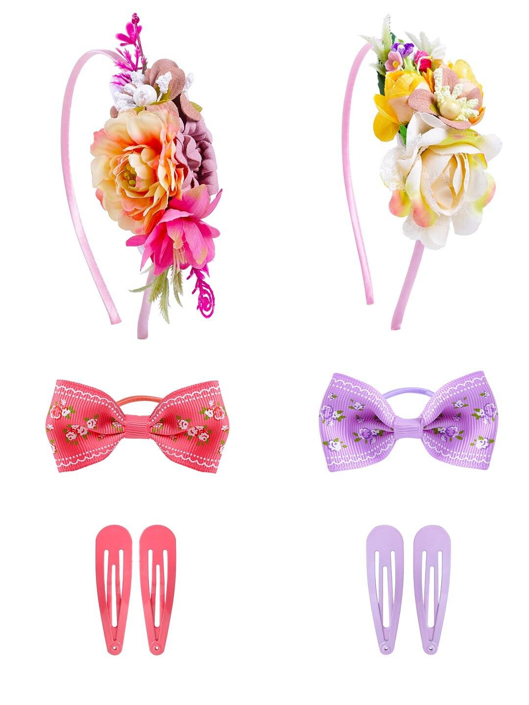 Yellow Chimes Girls Red & Violet Set of 6 Lace Hair Accessory Set