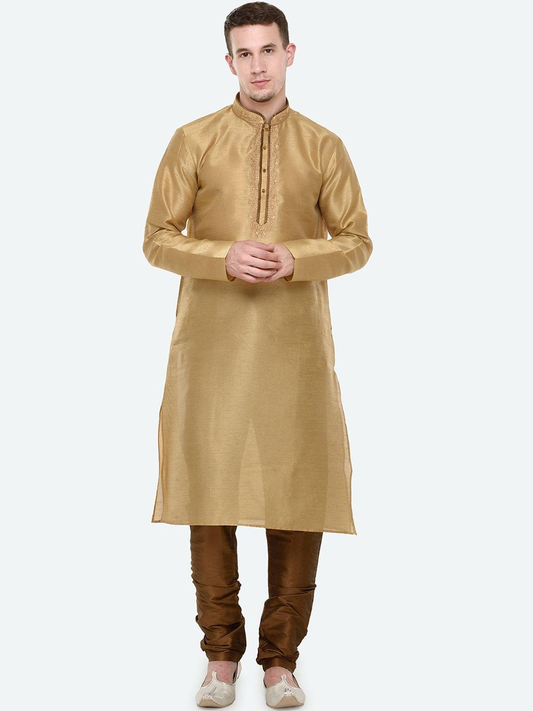 rg-designers-men-beige-&-brown-solid-regular-kurta-with-churidar