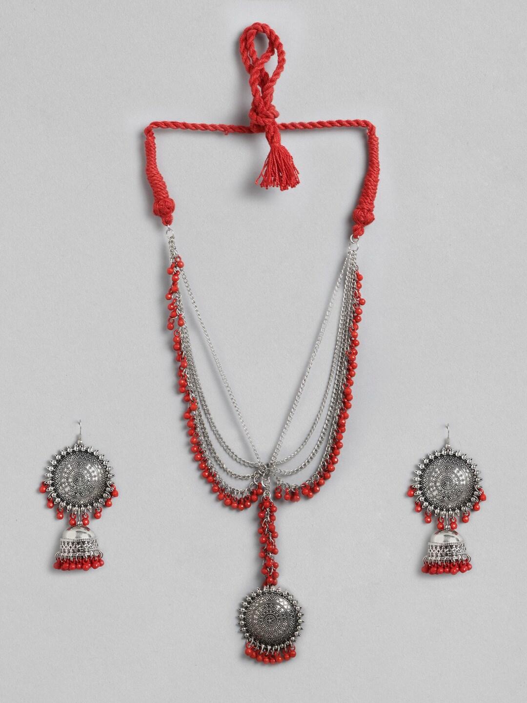 Anouk Red Oxidised Silver-Plated Beaded Jewellery Set