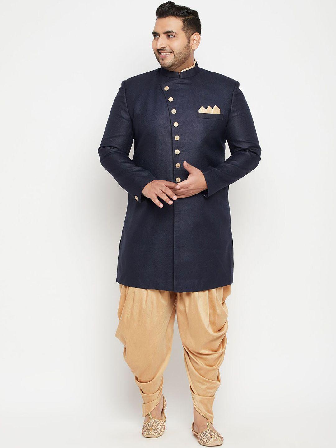 VASTRAMAY PLUS Men Navy Blue & Beige Slim-Fit Plus Size Sherwani Set