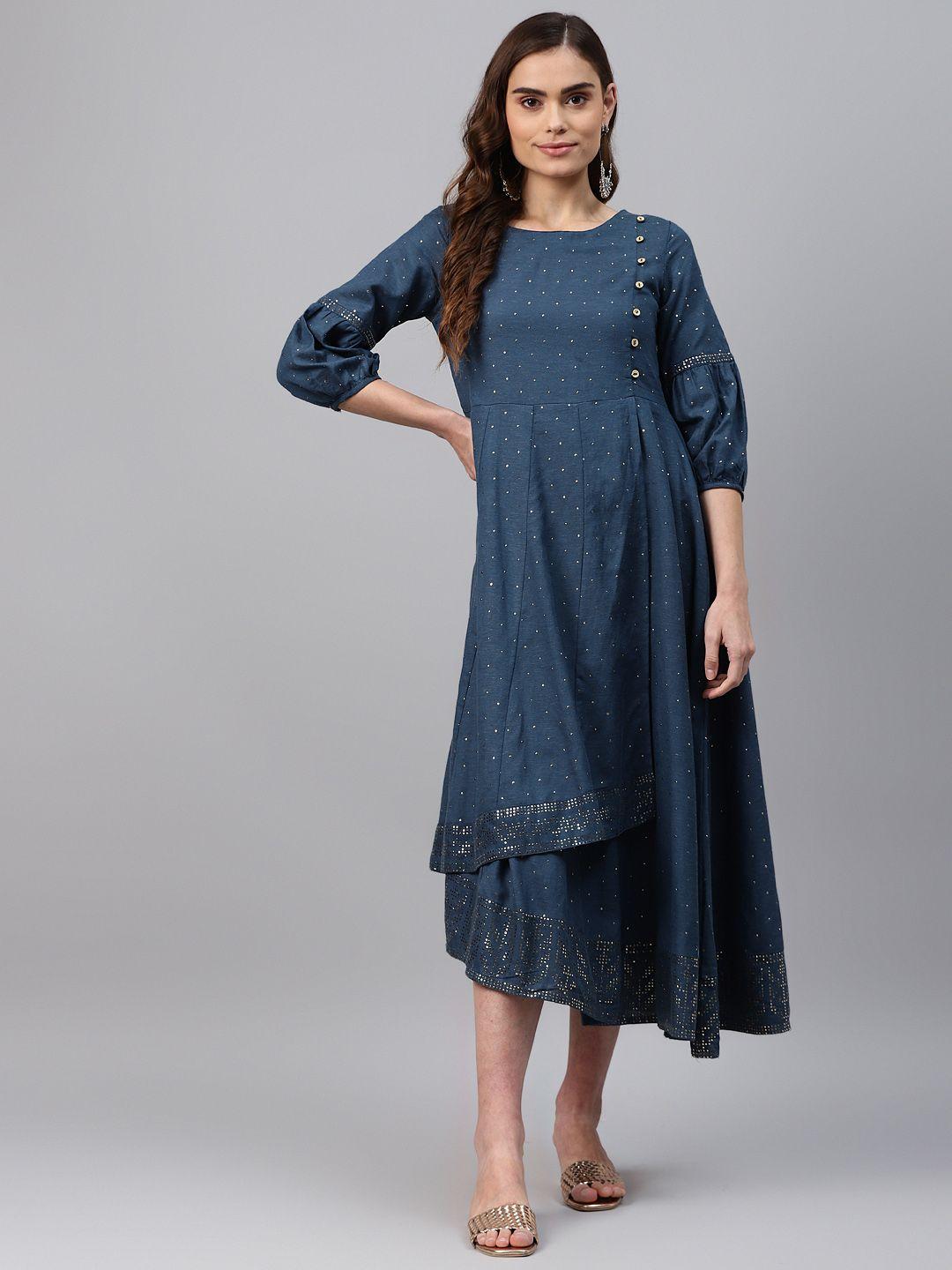 rangriti-navy-blue-polka-dot-print-bishop-sleeves-midi-dress