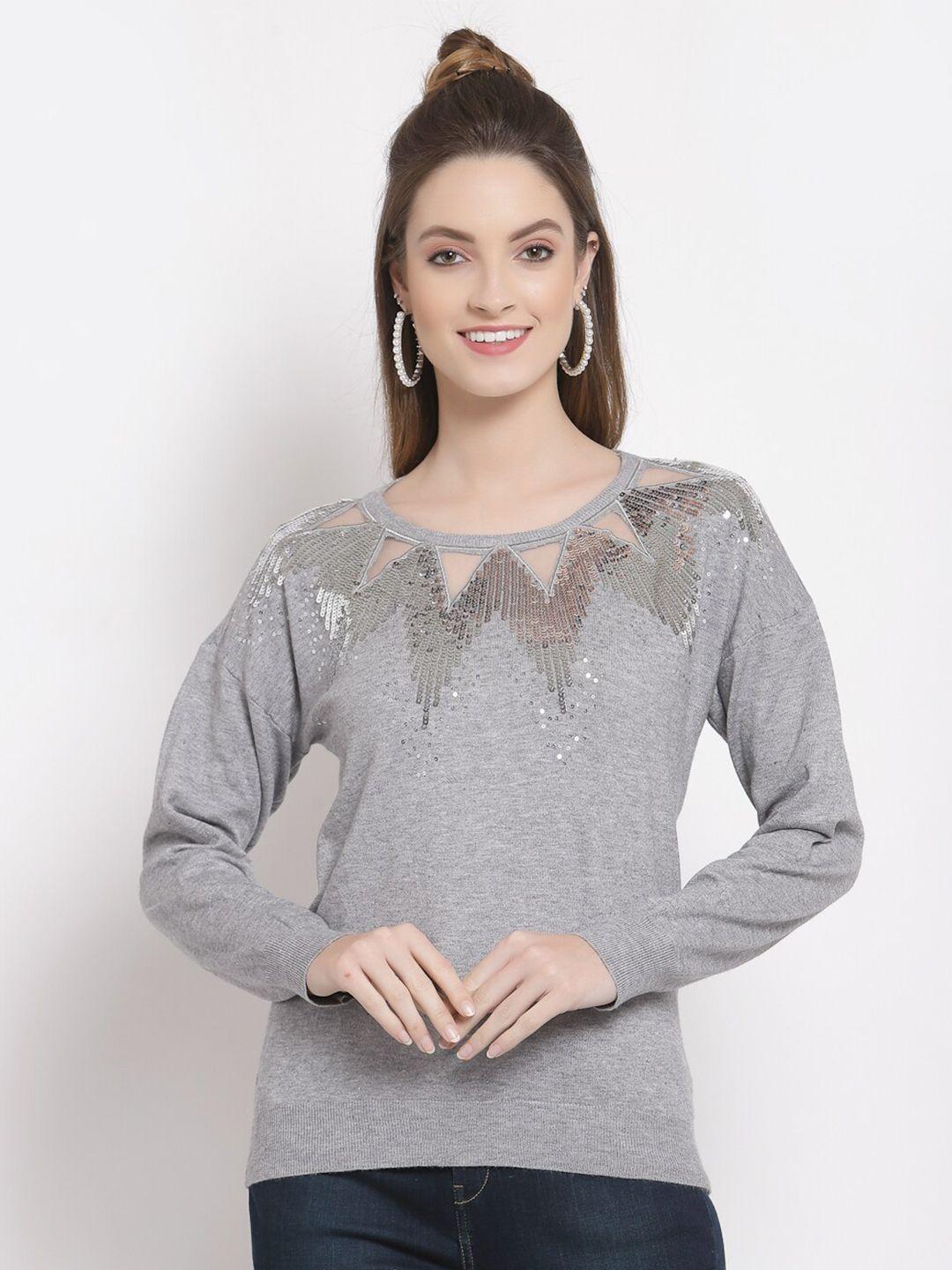 mafadeny-women-grey-embellished-pullover