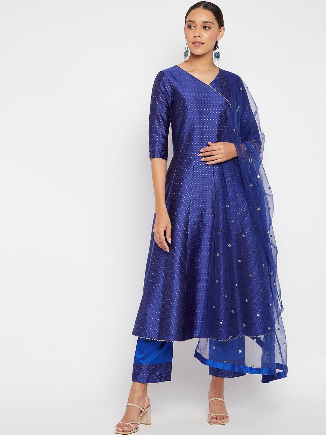 PANIT Women Blue Embellished & Woven Designed Anarkali Kurta with Trousers & Dupatta