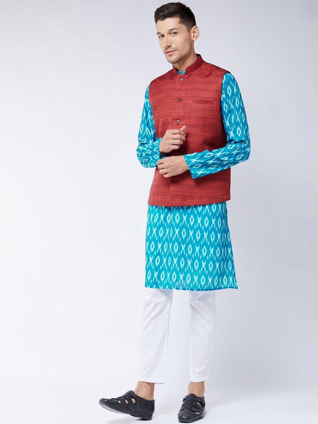 vastramay-men-turquoise-blue-&-maroon-printed-kurta-with-pyjamas-&-jacket