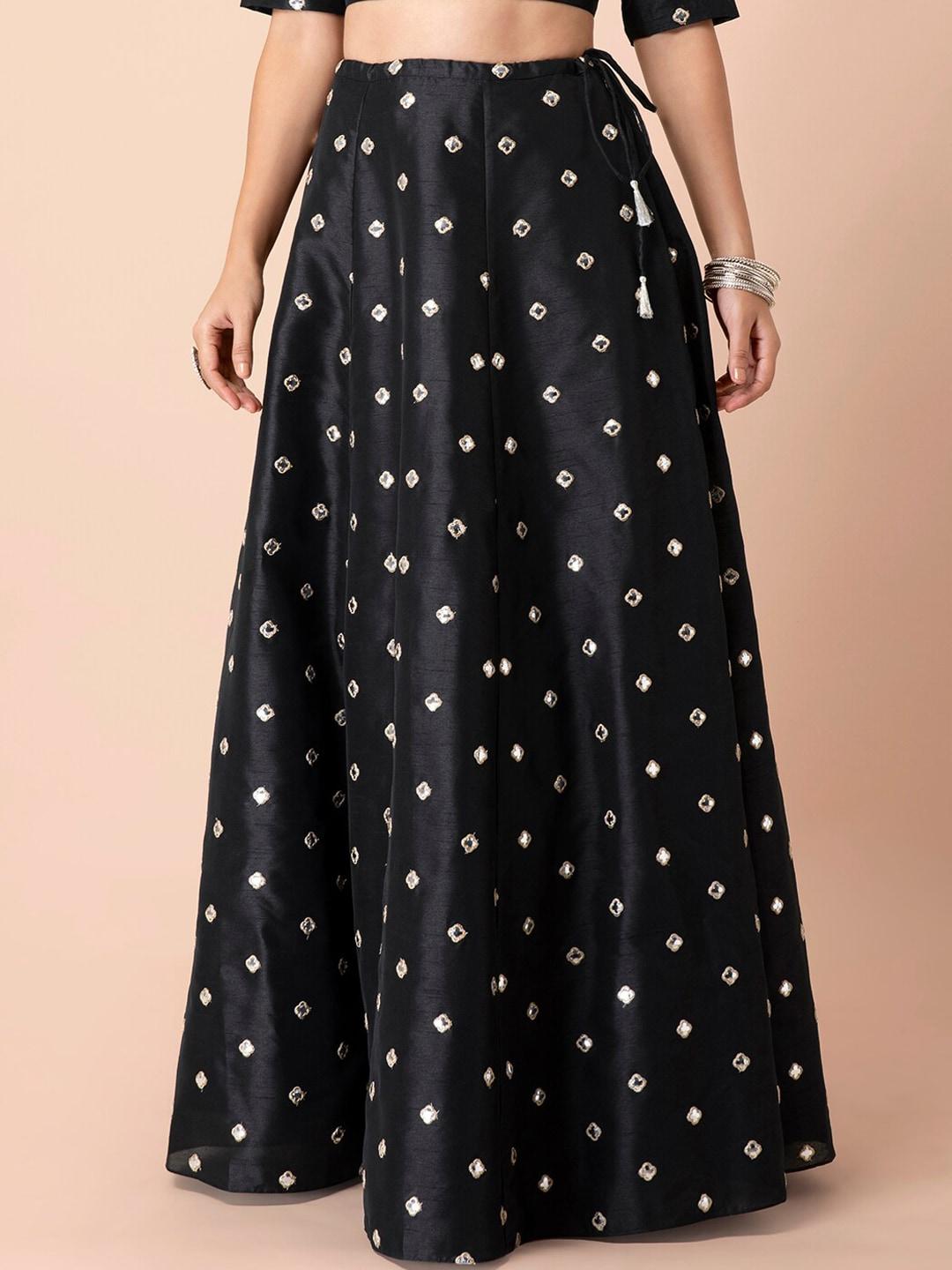 INDYA Women Black Mirror Embellished Flared Maxi Skirt